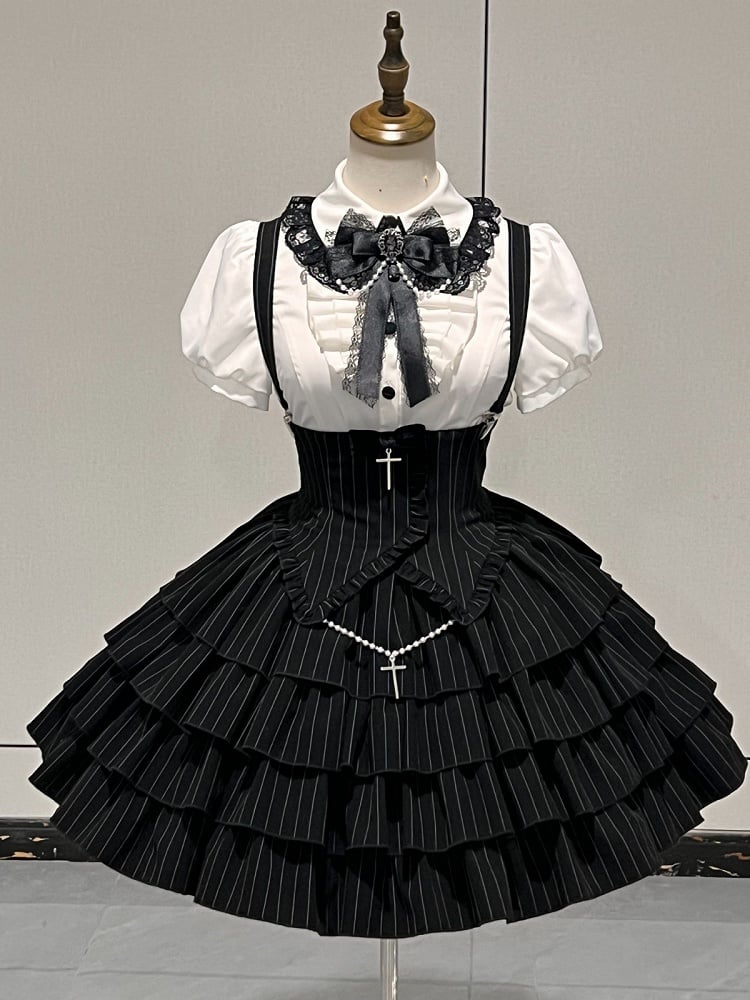 Cross Short White + Sleeves Striped Gothic-Style with Blouse High Skirt Lolita Waist Accents Black