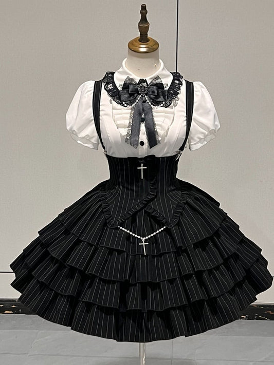 Cross Short White + Sleeves Striped Gothic-Style with Blouse High Skirt Lolita Waist Accents Black