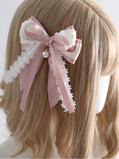 Bowknot Beige With Bead Pink Lace Cute Hairclip Charm