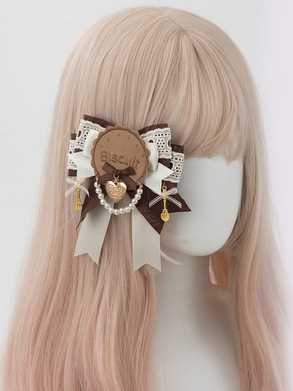 Lolita Sweet Hairclip/Brooch Brown White Party Tea Style Bowknot