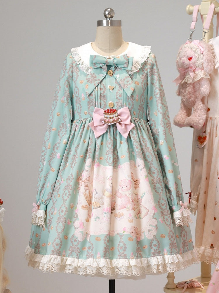 Mint Peter Pan Collar Long-Sleeve Bear Print OP Dress with Sash - Honey Village