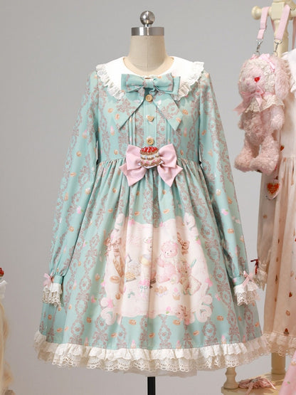 Mint Peter Pan Collar Long-Sleeve Bear Print OP Dress with Sash - Honey Village