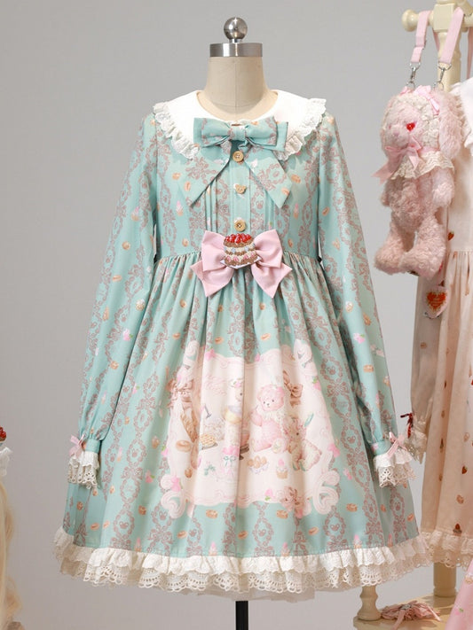 Mint Peter Pan Collar Long-Sleeve Bear Print OP Dress with Sash - Honey Village