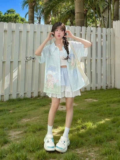 チェック柄アップリケ ラムプリント ライトグリーン シフォン レーストリム シャツ