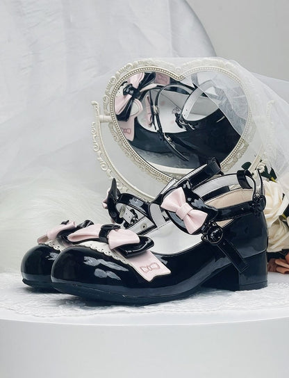 Black Bowknot Kitty-shaped Buckle Strap Block Heels Lolita Mary Janes