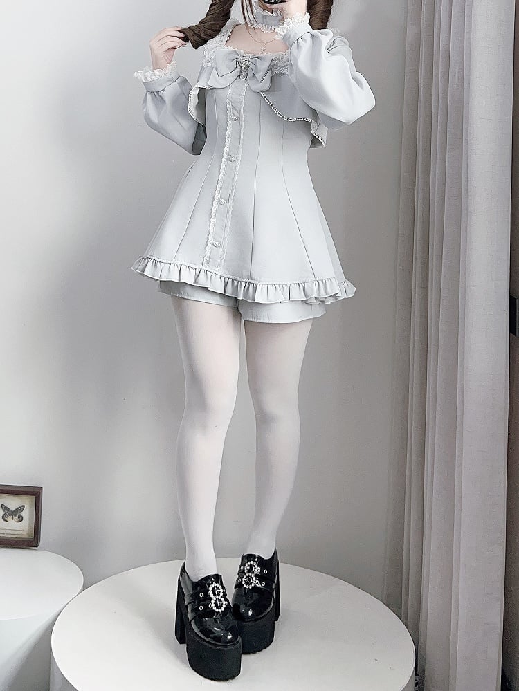 Jirai Kei Gray Long Sleeve Full Set : Lace-Trimmed Square Neck Top & Shorts with Detachable Bow Tie and Choker