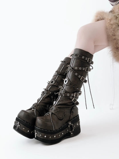 in Platform Cross Brown PU Heel with Decor - Studs Boots Style Punk Embellishments Leather Knee