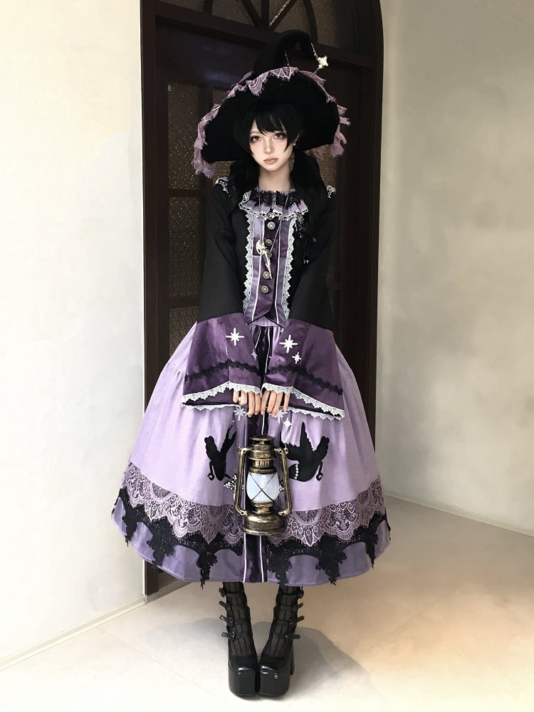 Purple Long Black Skirt Crow Patch Lolita Set + Top Wicthy Gothic