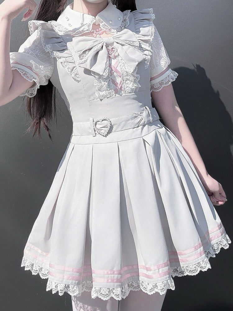Landmine Style Gray & Pink Short Sleeve Box-Pleated Dress with Lace and Bow Details - Virtual Paradise