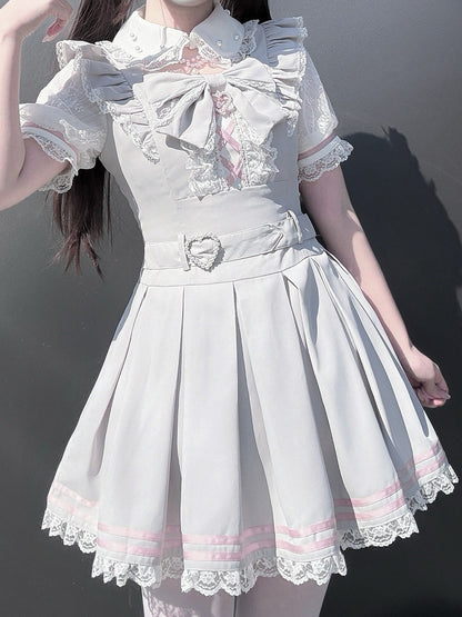 Landmine Style Gray & Pink Short Sleeve Box-Pleated Dress with Lace and Bow Details - Virtual Paradise
