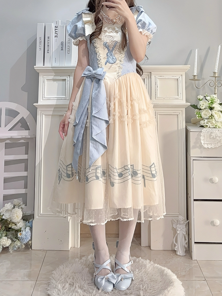 Lolita Blue Note Version Elegant Lace Dress Classic Musical Short Print Beige Violin Embroidery with