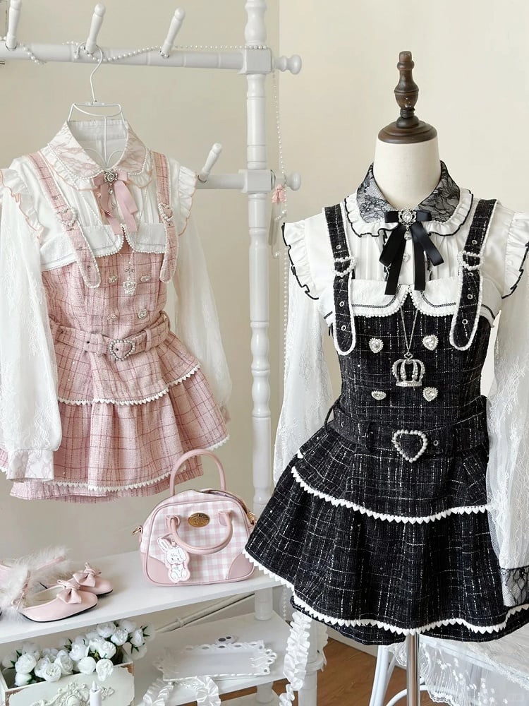 Tweed Jirai Dress Beaded Set: Heart Clasps Strap Overall Black Kei