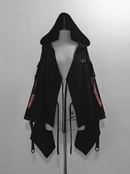 バックルフード付きロリータテックウェア王子ストラップジャケット ブラック