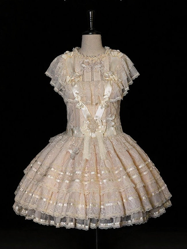 Retro Beige Lolita Lace Gown with Satin Ribbon Accents - Twin Bear Original Design