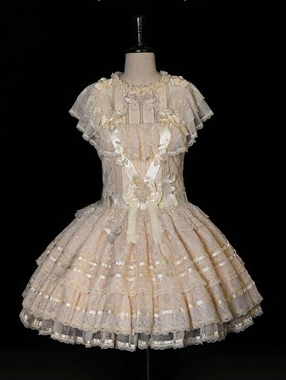Retro Beige Lolita Lace Gown with Satin Ribbon Accents - Twin Bear Original Design