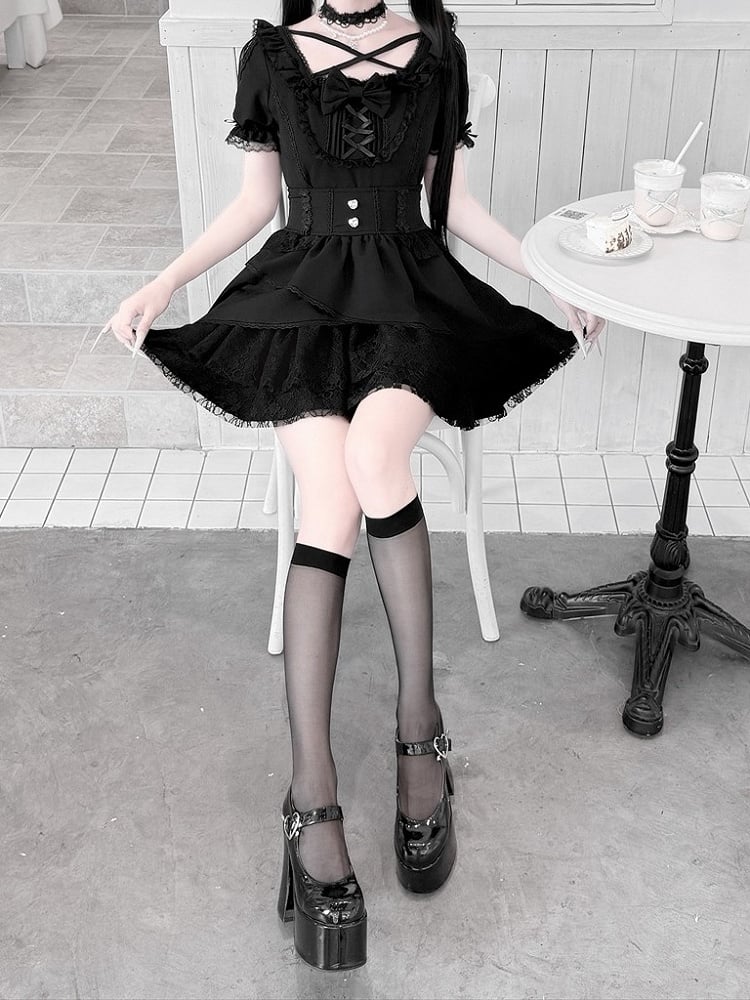 Jirai-Kei Black High-Waisted Lace Skirt - Jiuniang Cherry