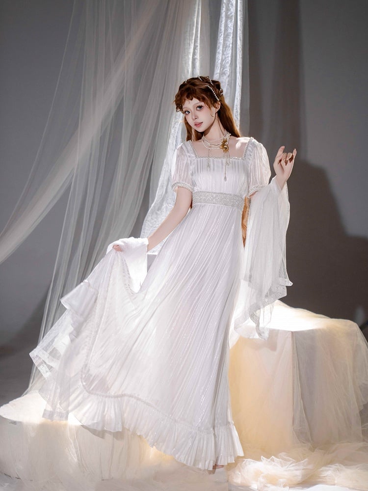 White Square Neckline Empire Dress Lolita OP with Bead Details - sanshanjiu