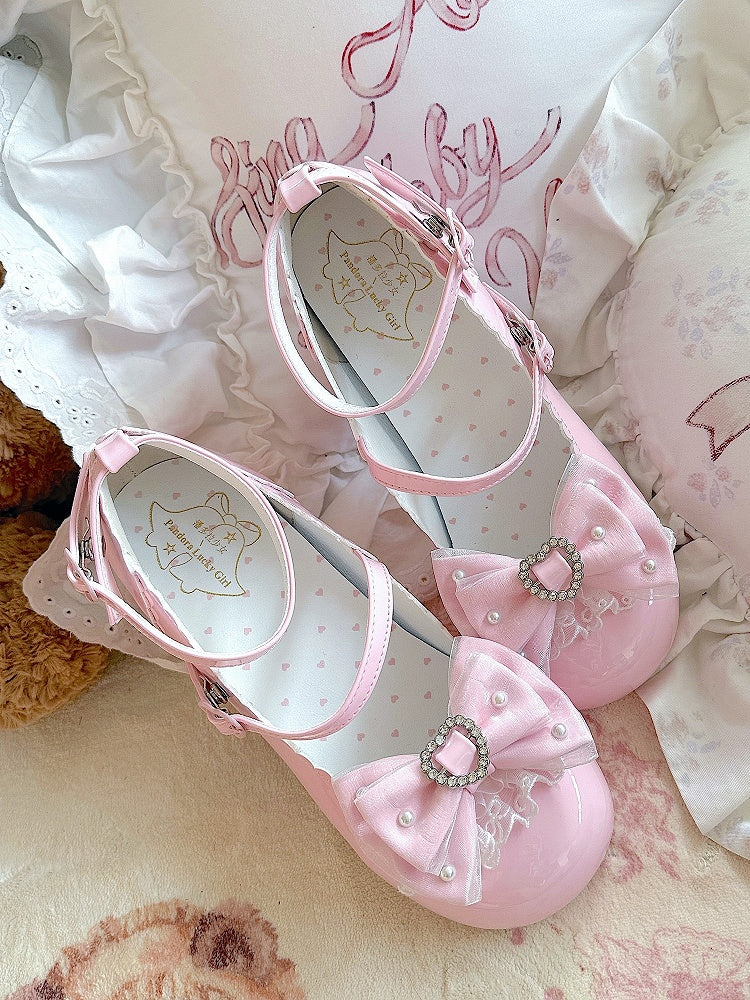 Mid Top Bow Heels Decor Heart Rhinestone with PU Elegant Pink Lolita