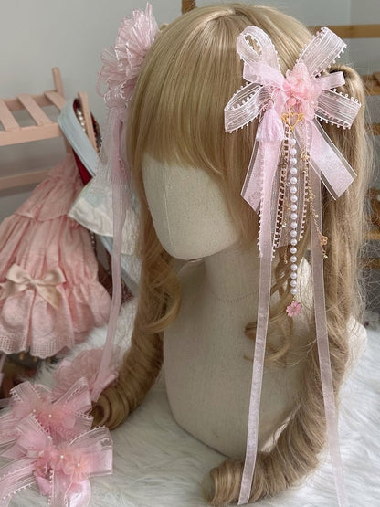 Hairclip Ribbon Pearl With Floral Bowknot Pink Lolita Chain Sweet