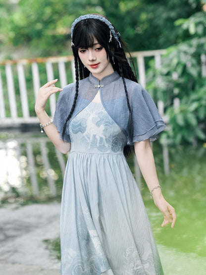 Blue Flutter Sleeve Cropped Top with Frog Button Detail - Quirky Hut