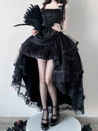 ブラックのレースアップディテールのボーン入りコルセットトップ + ハイローレイヤードロリータスカート