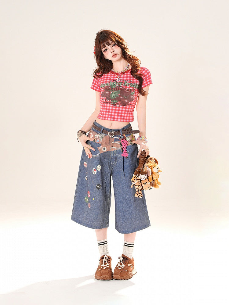 レッドチェック柄ラウンドフルーツプリントクロップドTシャツネック