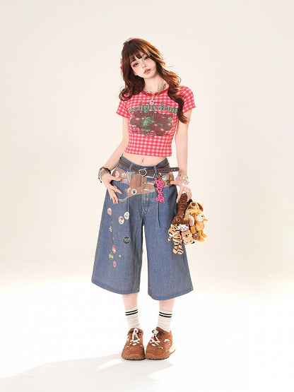 レッドチェック柄ラウンドフルーツプリントクロップドTシャツネック