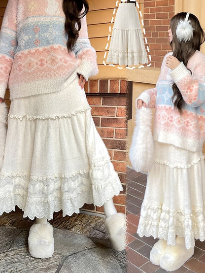 Beigefarbener Midirock mit hoher Taille und Spitzenakzenten und Volantsaum