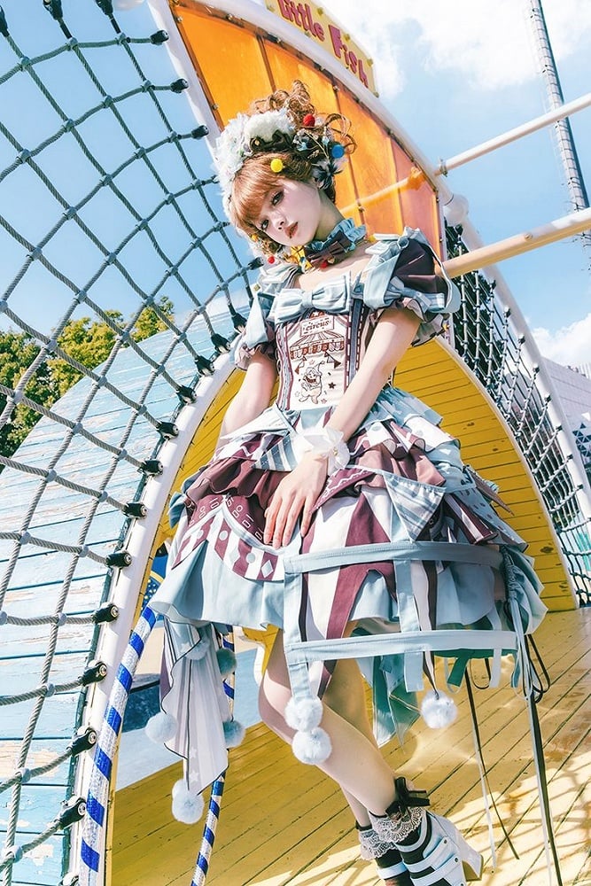 Brown Skirt Sleeves Detachable with Embroidery Dress Circus Lolita Jumper Bunny Blue Sweet Puff and