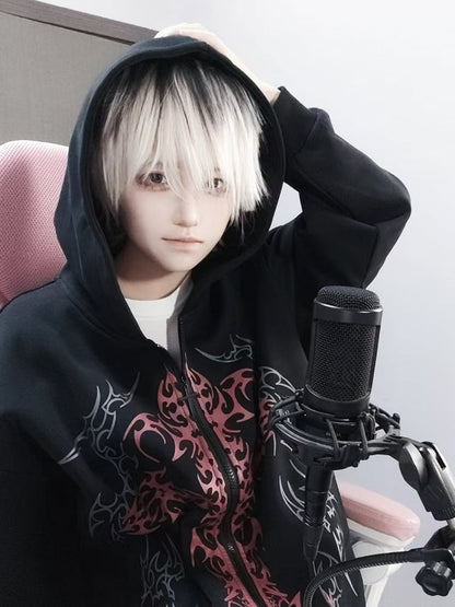 Black Cross Gothic with Zip-Up Red Print Hoodie Thin/Thick