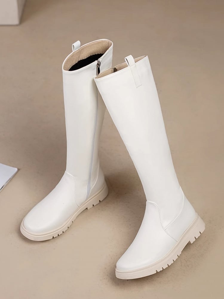 Closure White Knee-high Zip Boots Regular/Thicken PU Version Leather Inner with -