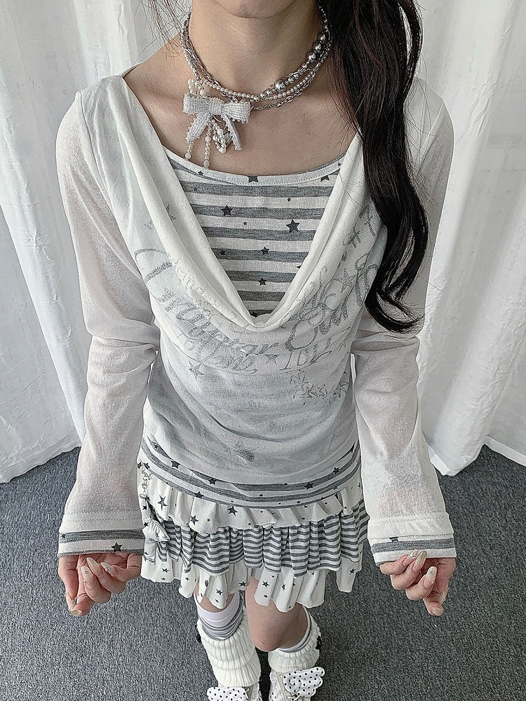 Black/White Cowl Neck Fake Two-Piece Long Sleeve Top with Stripes and Stars - Solkatt