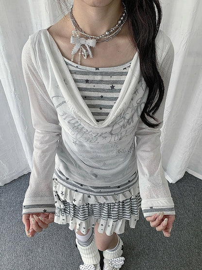 Black/White Cowl Neck Fake Two-Piece Long Sleeve Top with Stripes and Stars - Solkatt