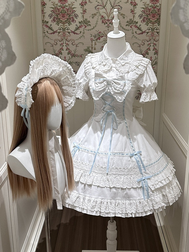 Snowfall-White Cotton JSK Dress with Ruffle and Bow Details