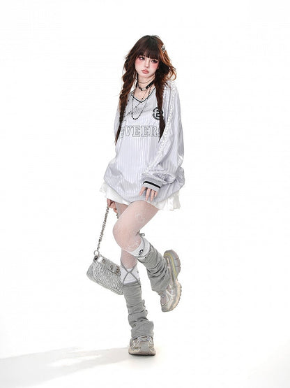 Lockeres Sweatshirt mit V-Ausschnitt und Streifenmuster in Rosa/Grau