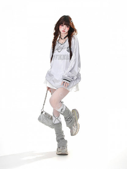 Loose V-Neck Sweatshirt Pink/Gray Striped Pattern