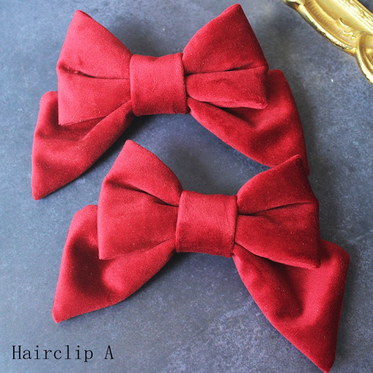 Red Velvet Lace Trim Bonnet With Bowknot Hairclips