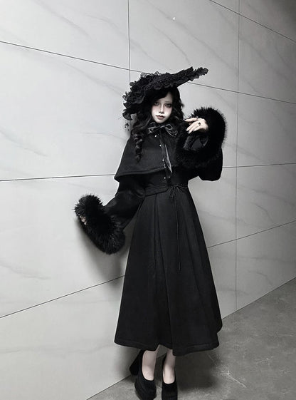 Gothic High and Cape Collar Black Lolita Woolen Furry with Detachable Coat Cuffs Winter