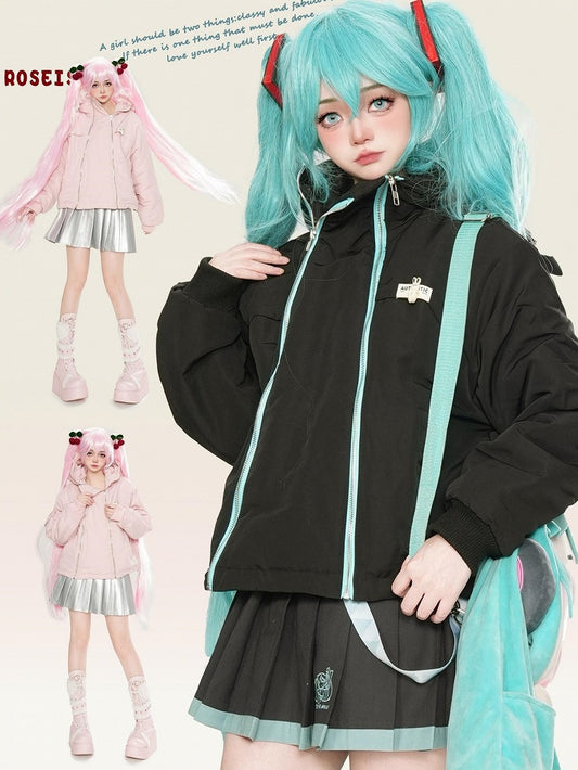 Schwarz/Rosa Reißverschlüsse Katzenohren Kapuze Dicker Reißverschluss Hoodie