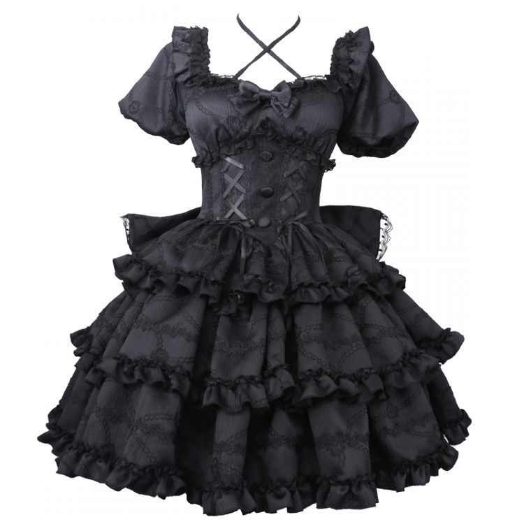 Princess Lolita Corset-Waist Dress with Ruffled Skirt in Black