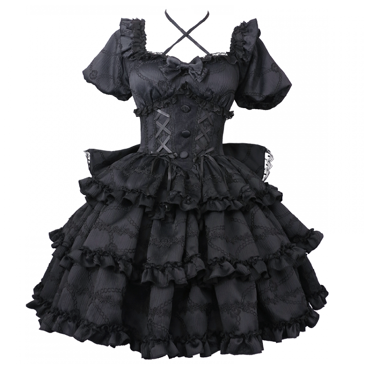 Black Princess Waist at Lolita Back Dress with Bow Corset Big OP Skirt Ruffle