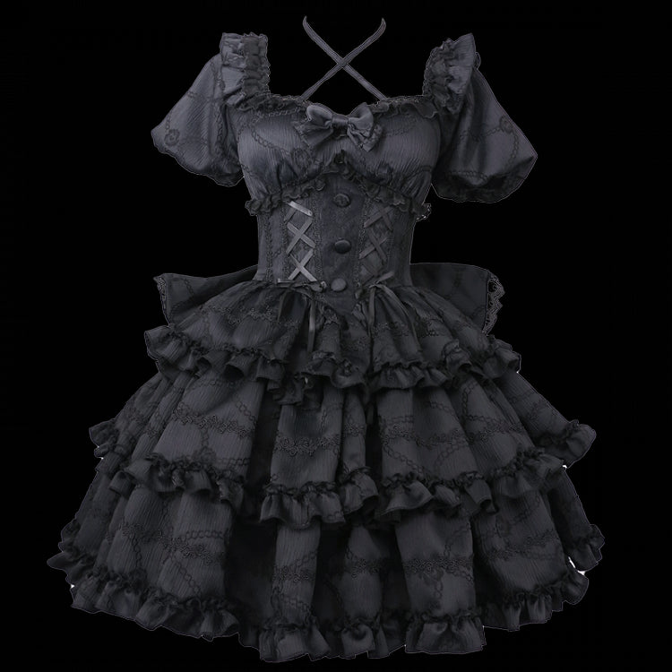 Schwarze Prinzessinnen-Taille am Lolita-Rückenkleid mit Schleifenkorsett, großem OP-Rock und Rüschen