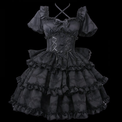 Schwarze Prinzessinnen-Taille am Lolita-Rückenkleid mit Schleifenkorsett, großem OP-Rock und Rüschen