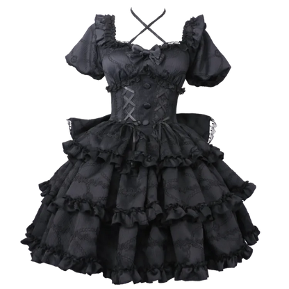 Korsett Schwarz Big OP Kleid Lolita mit Rock Rüschen Prinzessin Taille