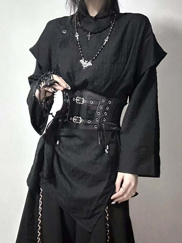 Corset Fake with Details Hem Belt Two-piece Black Asymmetrical Shirt Buckle