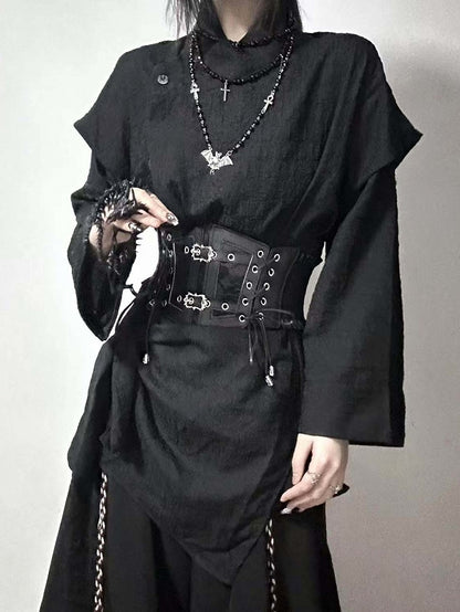 Corset Fake with Details Hem Belt Two-piece Black Asymmetrical Shirt Buckle
