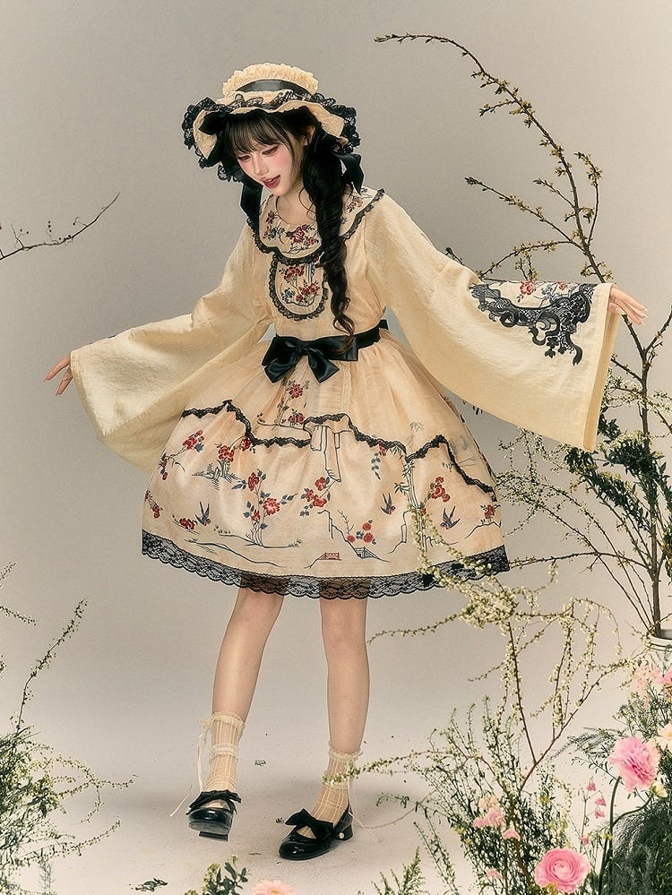 Beige Cheongsam Lolita Long Sleeve Embroidered Shirt - Yimu Walnut