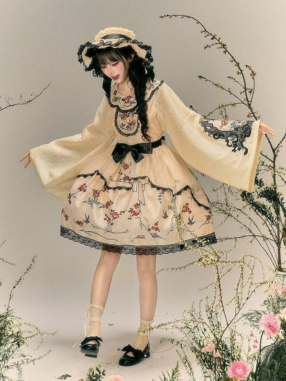 Beige Cheongsam Lolita Long Sleeve Embroidered Shirt - Yimu Walnut