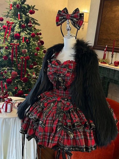 with Dress and Halter Black Ruffles Plaid Punk Red Ribbon Sweet Neck Bows Lolita