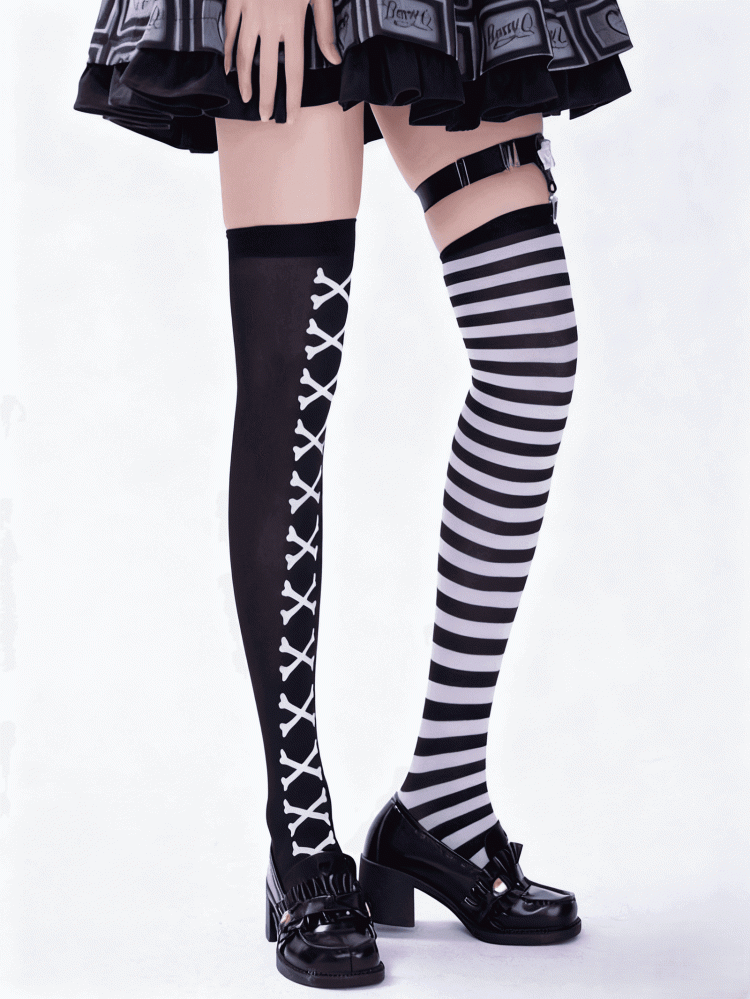 Asymmetrical Pattern Halloween Black Crossbones Gothic White Design Stockings Striped